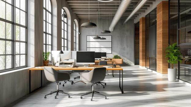 ai-generated-modern-office-space-with-tables-and-chairs-computers-and-office-supplies-with-no-employees-photo